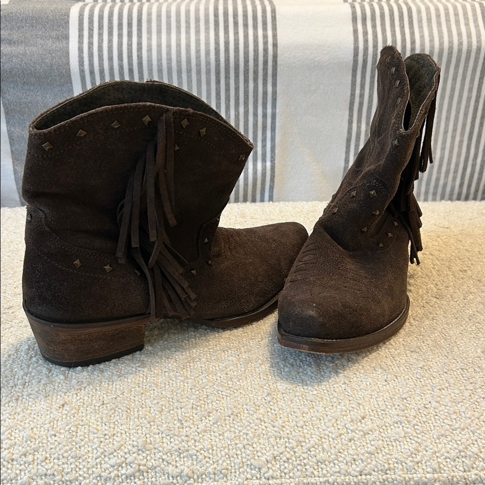 Roper Suede Brown Cowboy Ankle Booties with Fringe